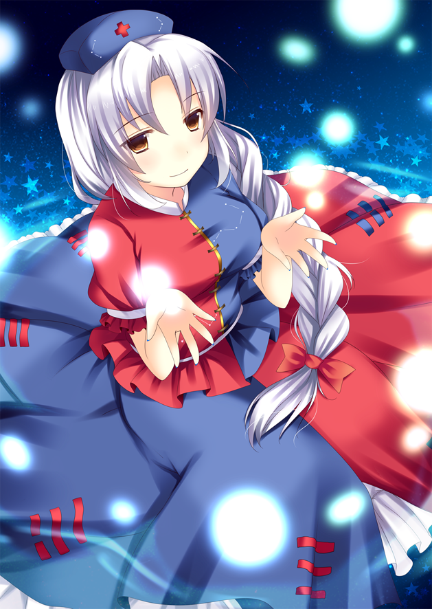 1girl ajiriko breasts constellation dress energy_ball from_above hat long_hair looking_up nurse_cap red_cross red_eyes silver_hair sitting smile solo star touhou yagokoro_eirin