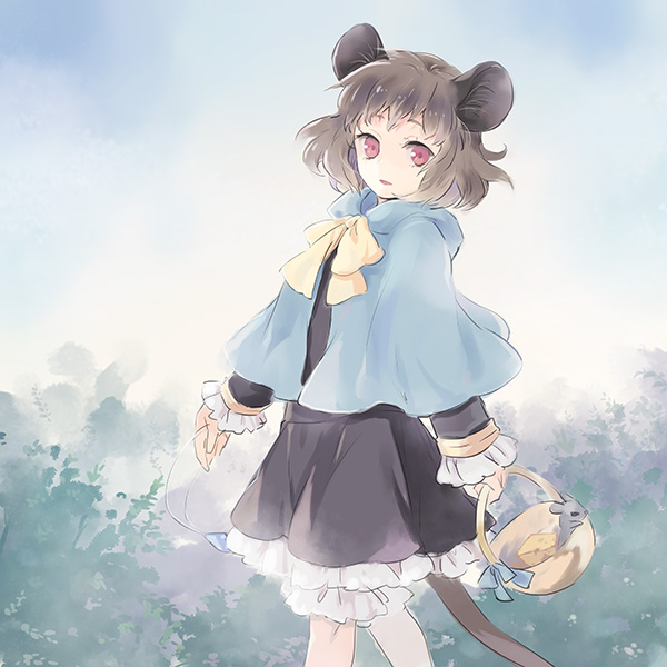 1girl animal_ears basket blue_sky bow capelet cheese clouds dress grey_dress long_sleeves looking_at_viewer mouse mouse_ears mouse_tail nazrin red_eyes sky solo tail tomobe_kinuko touhou walking