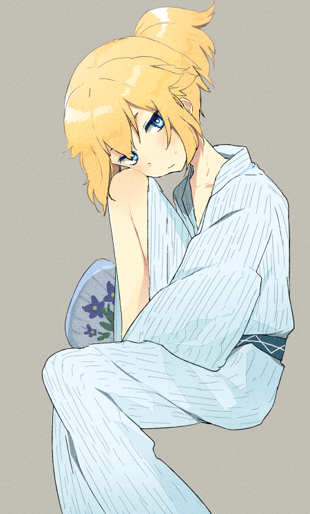 1boy blonde_hair blue_eyes danball_senki danball_senki_wars eka_eri hoshihara_hikaru japanese_clothes kimono looking_at_viewer male ponytail simple_background sitting solo