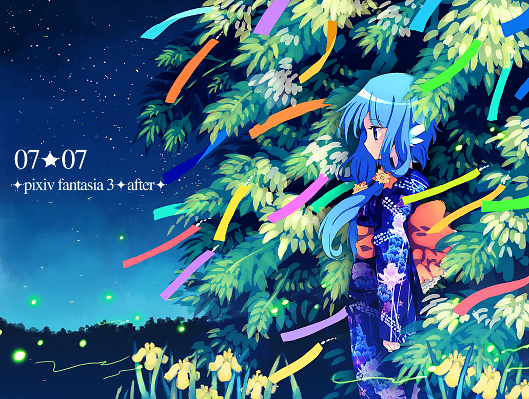 1girl blue_eyes blue_hair clenched_hand fireflies hair_ornament japanese_clothes kimono looking_at_viewer low_twintails pixiv_fantasia pixiv_fantasia_3 rugo solo tagme tanabata tanzaku twintails wind wing_ears yukata