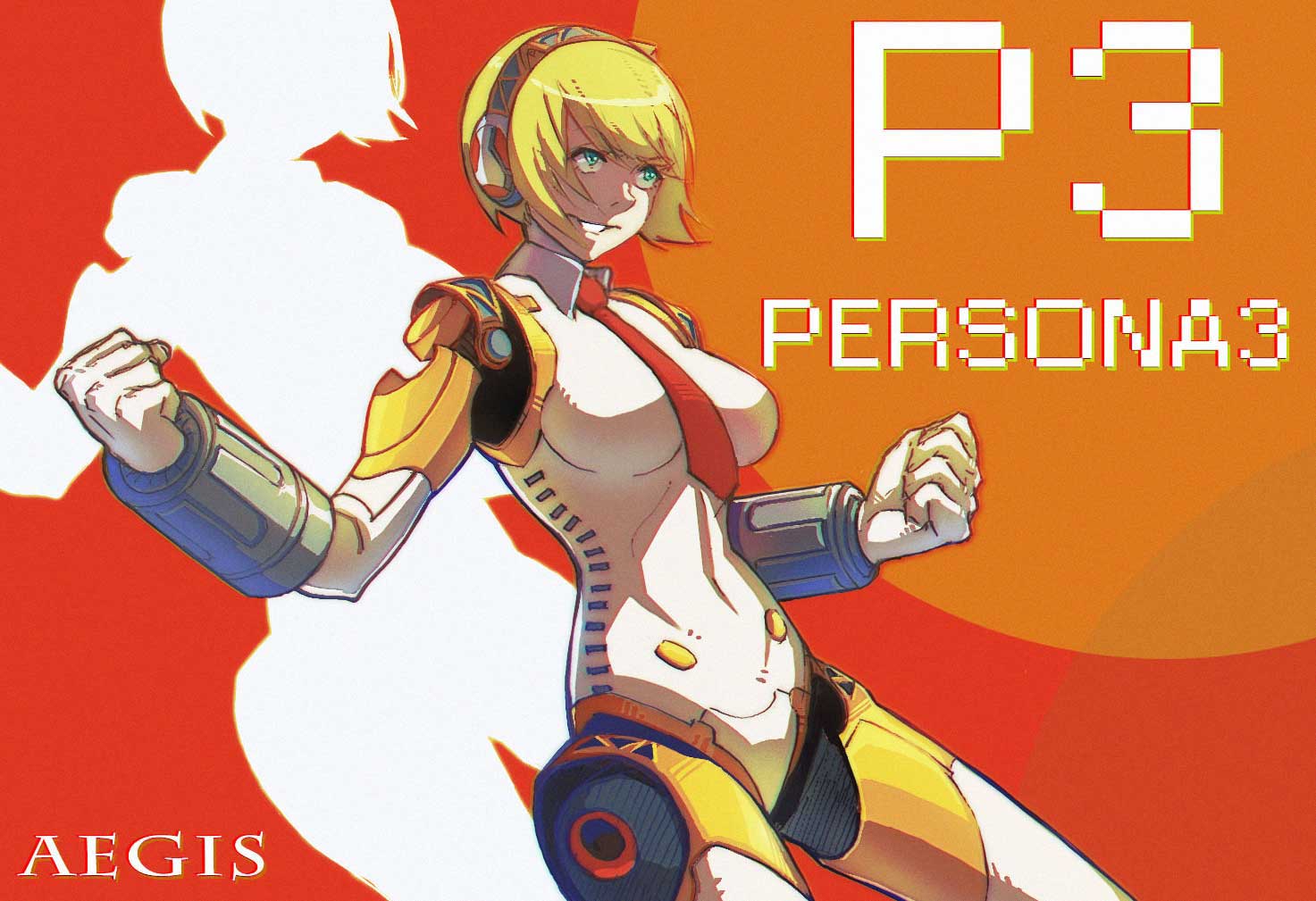 42 aegis android blonde_hair blue_eyes breasts character_name clenched_hands copyright_name grin hairband necktie persona persona_3 short_hair smile