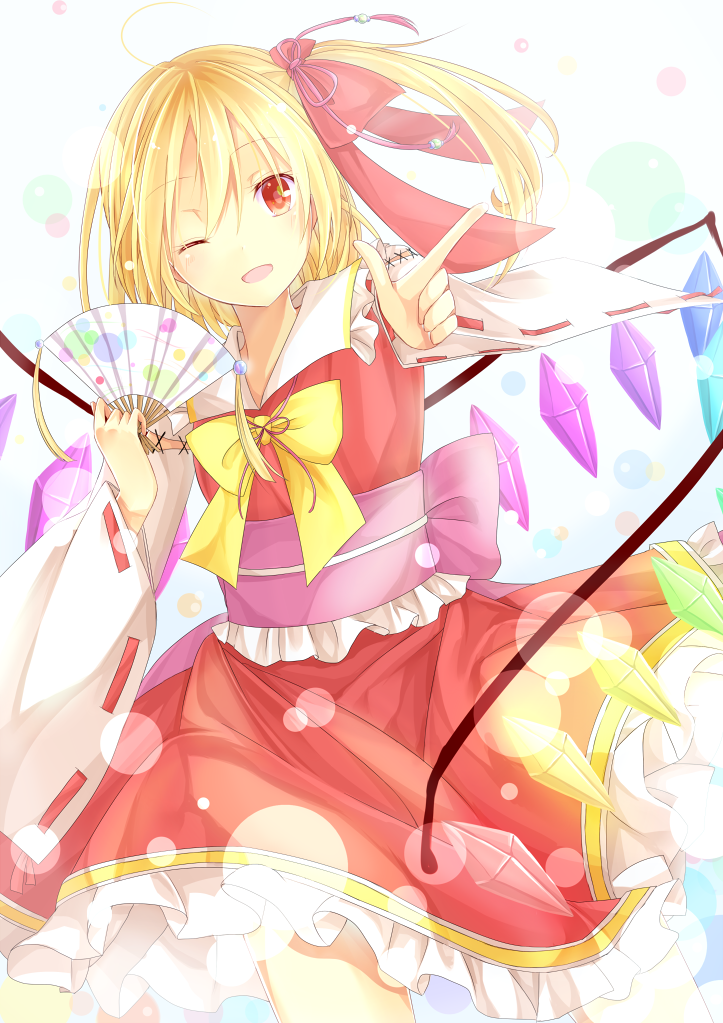 1girl blonde_hair bow cosplay detached_sleeves fan flandre_scarlet folding_fan frilled_skirt frills hair_ribbon hakurei_reimu hakurei_reimu_(cosplay) light_particles looking_at_viewer obi one_eye_closed open_mouth outstretched_arm pointing red_eyes ribbon ribbon-trimmed_sleeves ribbon_trim sash side_ponytail simple_background skirt skirt_set solo suteneko._(suteneko1998) touhou white_background wings