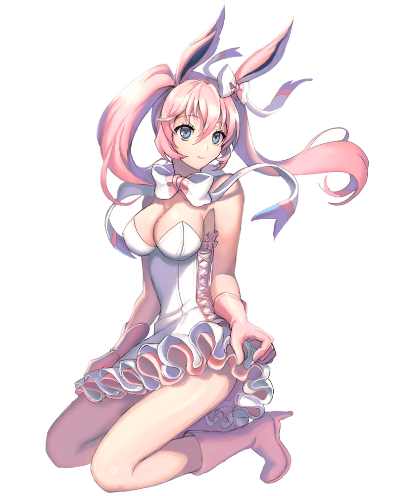 1girl animal_ears bare_shoulders blue_eyes bow bowtie breasts cleavage dress frilled_dress frills gloves hair_bow high_heel_boots high_heels jyh kneeling personification pink_gloves pink_hair pokemon pokemon_(game) pokemon_xy smile solo sylveon white_dress