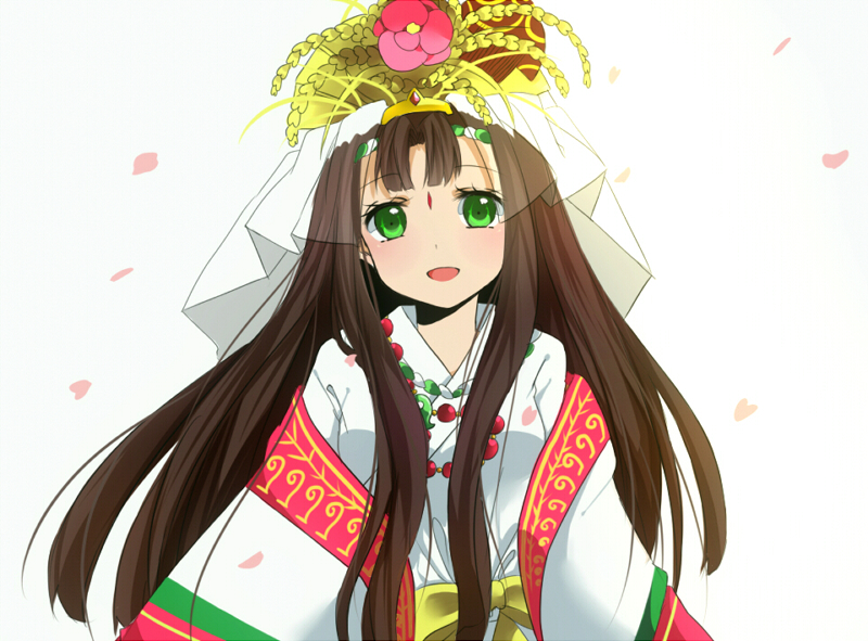 1girl :d beads blush bow brown_hair bust coat facial_mark flower forehead_mark green_eyes hair_ornament headband headdress japanese_clothes jewelry kimono kushinada_(p&amp;d) long_hair long_sleeves magatama necklace open_mouth petals puzzle_&amp;_dragons sabon_(ilovesaya) simple_background smile solo wheat white_background yellow_bow