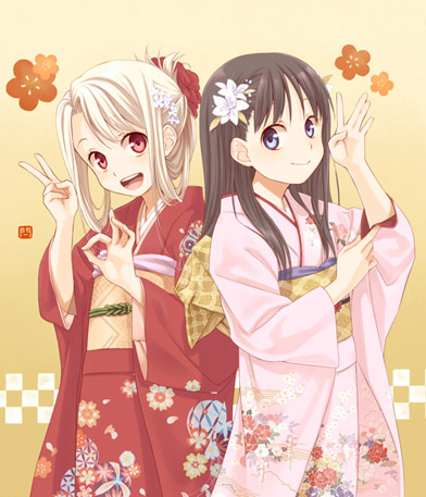 2girls black_hair brown_eyes fate/kaleid_liner_prisma_illya fate_(series) illyasviel_von_einzbern japanese_clothes kannuki_hisui kimono long_hair lowres miyu_edelfelt multiple_girls red_eyes