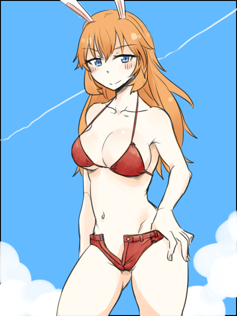 1girl animal_ears bikini_top breasts charlotte_e_yeager cleavage large_breasts long_hair looking_at_viewer midriff orange_hair ponke rabbit_ears short_shorts shorts sky smirk solo strike_witches thighs
