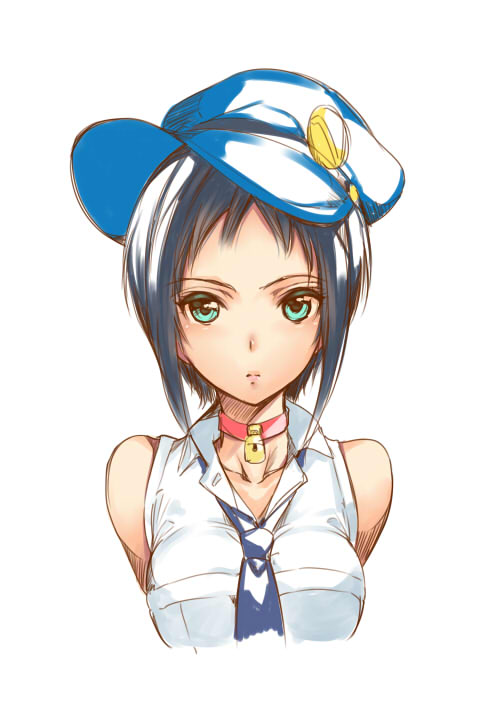 1girl aqua_eyes black_hair bust cabbie_hat choker green_eyes hat looking_at_viewer marie_(persona_4) persona persona_4 persona_4_the_golden saburou_(hgmg) sleeveless solo white_background