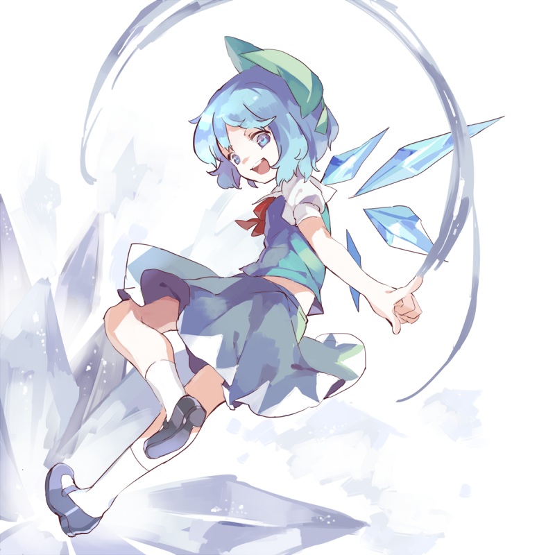1girl blue_eyes blue_hair bow cirno dress hair_bow hillly_(maiwetea) ice ice_wings mary_janes open_mouth ribbon shoes short_hair simple_background smile solo touhou white_background wings