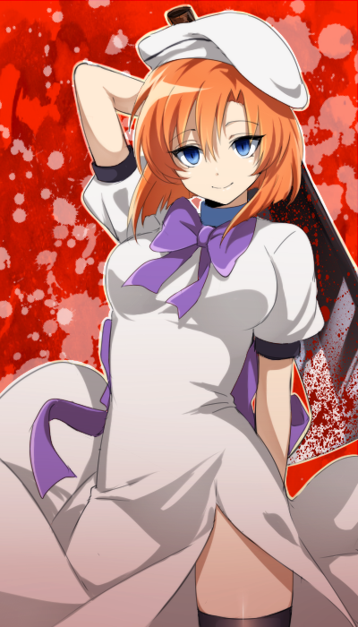 1girl apfl0515 arms_behind_back arms_behind_head black_legwear blood blood_splatter blue_eyes bow dress hat hatchet higurashi_no_naku_koro_ni looking_at_viewer nose_hatchet orange_hair puffy_sleeves red_background ryuuguu_rena short_hair short_sleeves side_slit solo standing thigh-highs tsurime white_dress