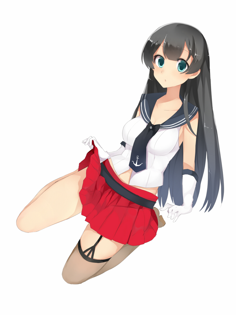 1girl agano_(kantai_collection) aqua_eyes black_hair breasts gloves hukasikasi kantai_collection long_hair school_uniform seiza serafuku sheer_legwear single_thighhigh sitting skirt solo thigh-highs white_background white_gloves