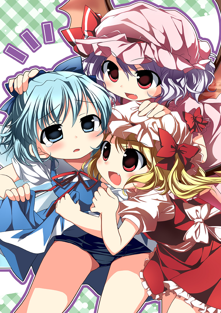 3girls :d bat_wings blonde_hair blue_eyes blue_hair cirno fang flandre_scarlet hands_on_another's_head hat leaning_forward mob_cap multiple_girls nagayama_yuunon open_mouth purple_hair red_eyes remilia_scarlet school_swimsuit short_hair side_ponytail skirt skirt_lift smile swimsuit tears touhou wings