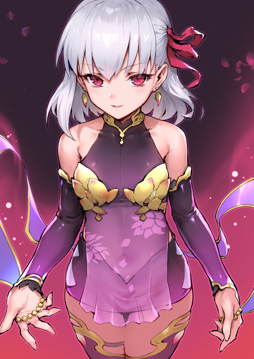 1girl armlet armor bangs bare_shoulders bikini_armor blush bracelet breasts collar detached_sleeves dress earrings fate/grand_order fate_(series) floral_print hair_ribbon haoni highres jewelry kama_(fate) looking_at_viewer metal_collar miniskirt parted_lips pelvic_curtain petals purple_dress purple_legwear purple_skirt purple_sleeves red_eyes ribbon ring short_hair silver_hair skirt small_breasts smile solo thigh-highs thighlet thighs
