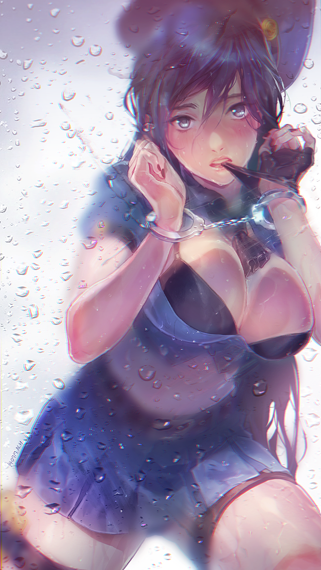 1girl blue_eyes blue_hair blush breasts caitlyn_(league_of_legends) cleavage cuffs fingerless_gloves gloves handcuffs hat large_breasts league_of_legends long_hair looking_at_viewer lucy_(amanecer) mouth_hold police police_hat police_uniform policewoman solo uniform