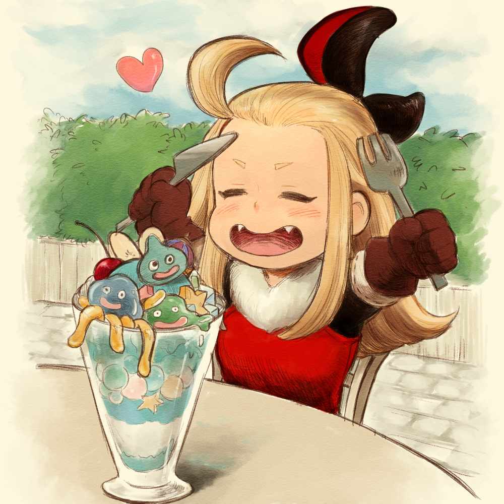 1girl :d =_= ahoge arms_up blonde_hair blush bow bravely_default:_flying_fairy bravely_default_(series) bubble_slime bush chair cherry child closed_eyes cloud crossover crown day edea_lee fang fangs flat_chest food fork fruit fur_trim gloves hair_bow happy heart hoimi_slime holding king_slime knife long_hair maccory monster open_mouth outdoors parfait ribbon ribbon_trim sidelocks sitting sky slime_(dragon_quest) smile star_(symbol) table tentacles upper_body