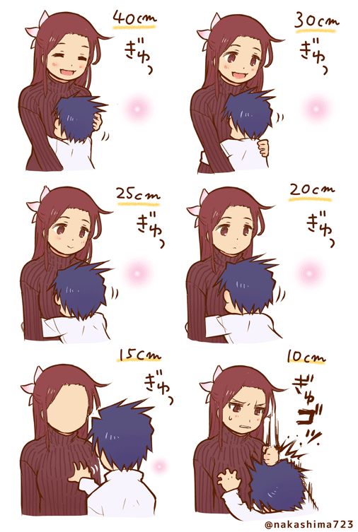 1boy 1girl blue_hair breast_grab breast_smother brown_hair couple faceless flower hair_flower hair_ornament height_difference hetero hug irritated japanese_clothes kimono kiss long_hair mole nakashima_(middle_earth) open_mouth original punching ribbed_sweater short_hair sweatdrop sweater turtleneck twitter_username what_you_can_do_with_height_differences