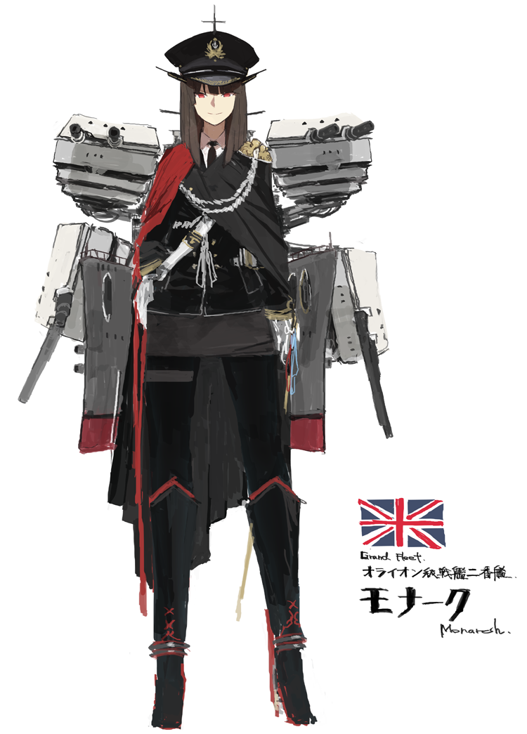 1girl bangs black_boots black_hair black_hat black_legwear black_skirt blunt_bangs boots cannon cape character_name epaulettes flag formal full_body gloves hat high_heel_boots high_heels hms_monarch hms_monarch_(siirakannu) kantai_collection leg_band lion long_hair long_sleeves military military_uniform necktie original pantyhose peaked_cap red_eyes royal_navy siirakannu simple_background skirt smile solo strap text uniform union_jack white_background white_gloves