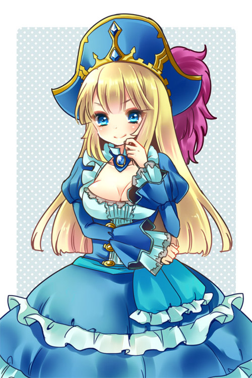 &gt;:) 1girl awilda_(p&amp;d) blonde_hair blue_dress blue_eyes blush breasts cleavage detached_collar dress frilled_dress frills hand_on_own_face hat hoshino long_hair long_sleeves pirate_hat puffy_long_sleeves puffy_sleeves puzzle_&amp;_dragons smile
