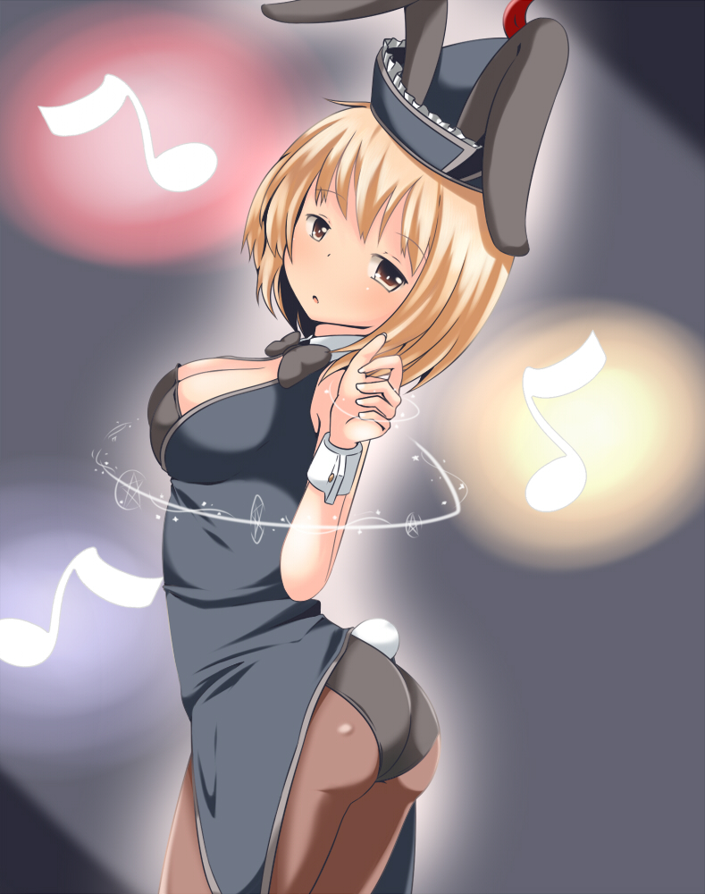 1girl a-ktoo animal_ears ass black_legwear blonde_hair bowtie breasts bunny_tail bunnysuit cleavage detached_collar hat leotard lunasa_prismriver musical_note open_mouth pantyhose rabbit_ears short_hair solo tail touhou vest wrist_cuffs yellow_eyes
