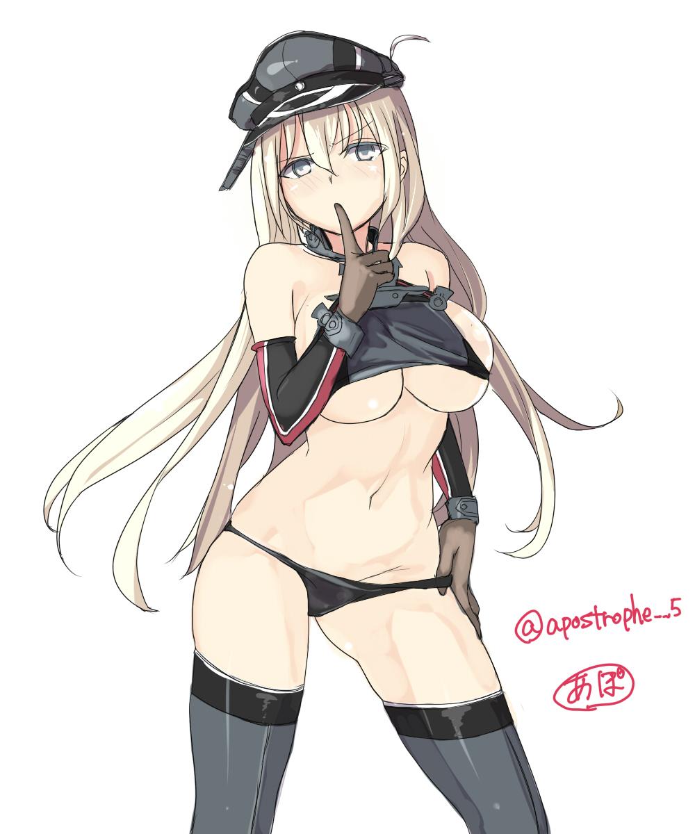 1girl adapted_costume artist_request bismarck_(kantai_collection) black_panties blonde_hair blue_eyes blush breasts brown_gloves detached_sleeves finger_to_mouth gloves grey_legwear hand_on_hip hat highres kantai_collection large_breasts long_hair mound_of_venus no_bra panties panty_pull peaked_cap sideboob simple_background solo thigh-highs under_boob underwear very_long_hair white_background
