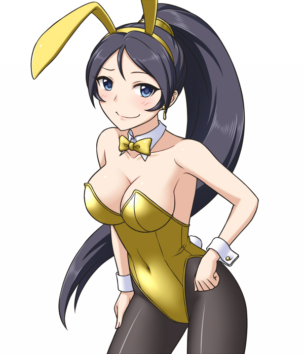 1girl animal_ears black_hair blue_eyes bowtie breasts bunny_tail bunnysuit cleavage detached_collar idolmaster idolmaster_cinderella_girls long_hair pantyhose pataniito ponytail rabbit_ears sugisaka_umi tail wrist_cuffs