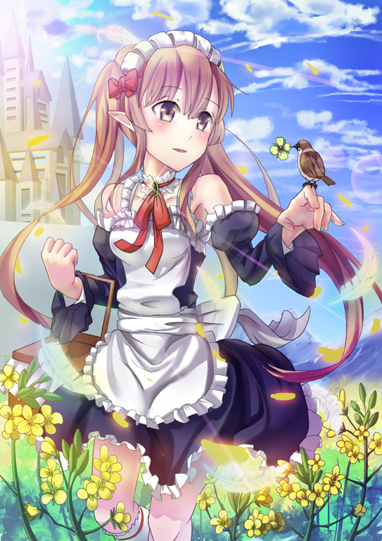 1girl basket bird brown_eyes brown_hair building carrying detached_sleeves long_hair looking_at_viewer maid maid_headdress myucel_foalan outbreak_company parted_lips petals sky smile tagme td twintails