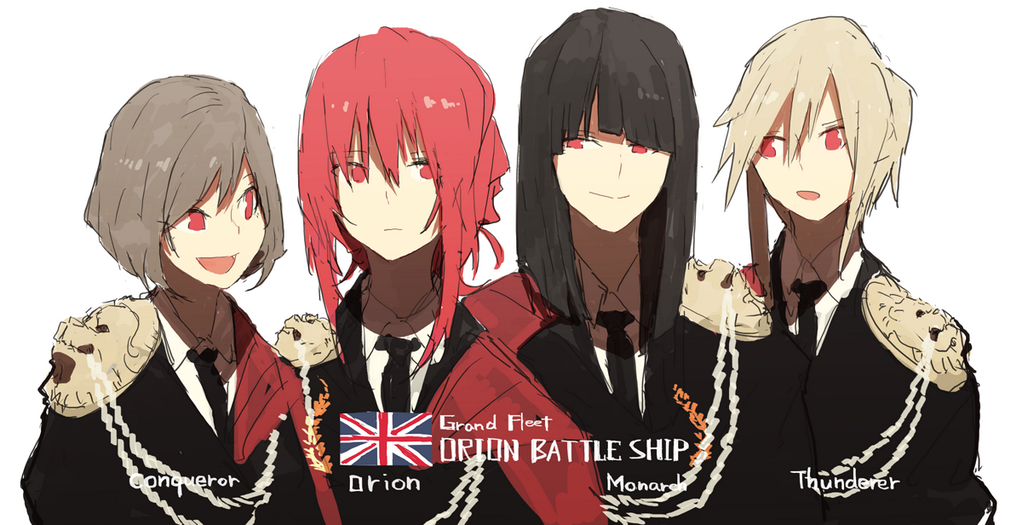 4girls bangs black_hair blonde_hair blunt_bangs cape character_name epaulettes formal grey_hair hair_up hms_conqueror hms_conqueror_(siirakannu) hms_monarch hms_monarch_(siirakannu) hms_orion hms_orion_(siirakannu) hms_thunderer hms_thunderer_(siirakannu) kantai_collection lion long_hair long_sleeves looking_at_another military military_uniform multiple_girls necktie open_mouth original personification ponytail red_eyes redhead royal_navy short_hair siirakannu simple_background smile uniform white_background