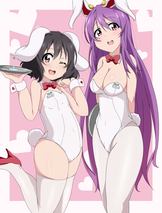 2girls alternate_costume animal_ears arms_behind_back bare_shoulders black_hair black_legwear blush bowtie breasts bunny_girl bunnysuit bwell cleavage covered_navel detached_collar flat_chest heart high_heels inaba_tewi large_breasts long_hair looking_at_viewer martini_glass multiple_girls name_tag one_eye_closed open_mouth pantyhose purple_hair rabbit_ears red_eyes reisen_udongein_inaba short_hair smile tail thigh-highs touhou tray white_legwear