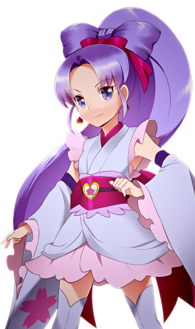 1girl alternate_form anmitsu_komachi bow cure_fortune detached_sleeves earrings frills hair_bow hair_bun happinesscharge_precure! hikawa_iona japanese_clothes jewelry long_hair magical_girl niack_(hasurja) ponytail precure purple_hair skirt smile solo thighhighs violet_eyes white_background white_legwear white_skirt