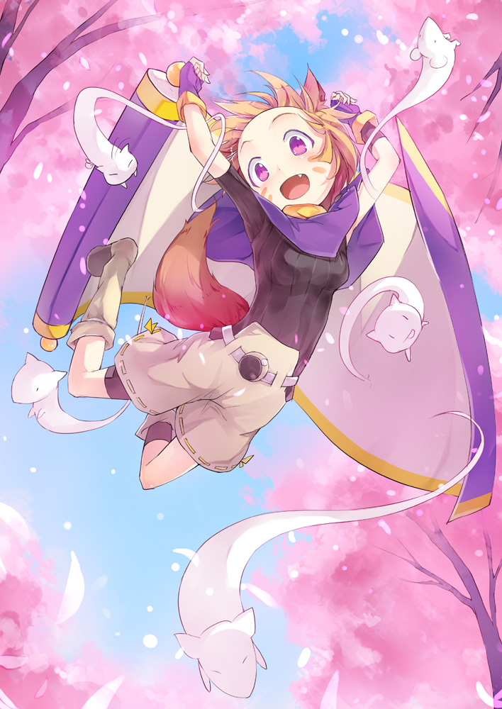 1girl :d animal_ears brown_hair cape cherry_blossoms facial_mark fang fox_ears fox_tail fred04142 looking_at_viewer open_mouth original petals scroll short_hair shorts smile tagme tail violet_eyes
