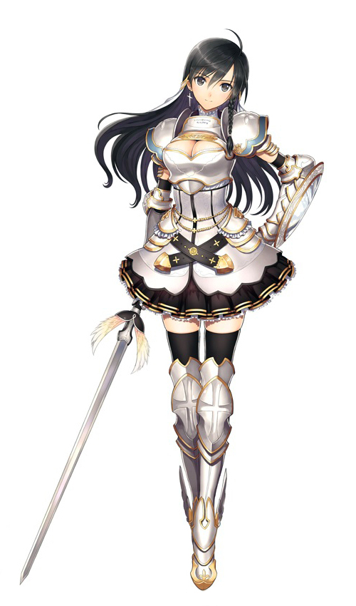 1girl armor black_eyes black_hair black_legwear blade_arcus_from_shining braid breastplate cleavage_cutout earrings full_body gauntlets greaves hand_on_hip jewelry long_hair looking_at_viewer pauldrons shield shining_(series) side_braid simple_background skirt smile solo sword taka_tony tanaka_takayuki thigh-highs weapon white_background