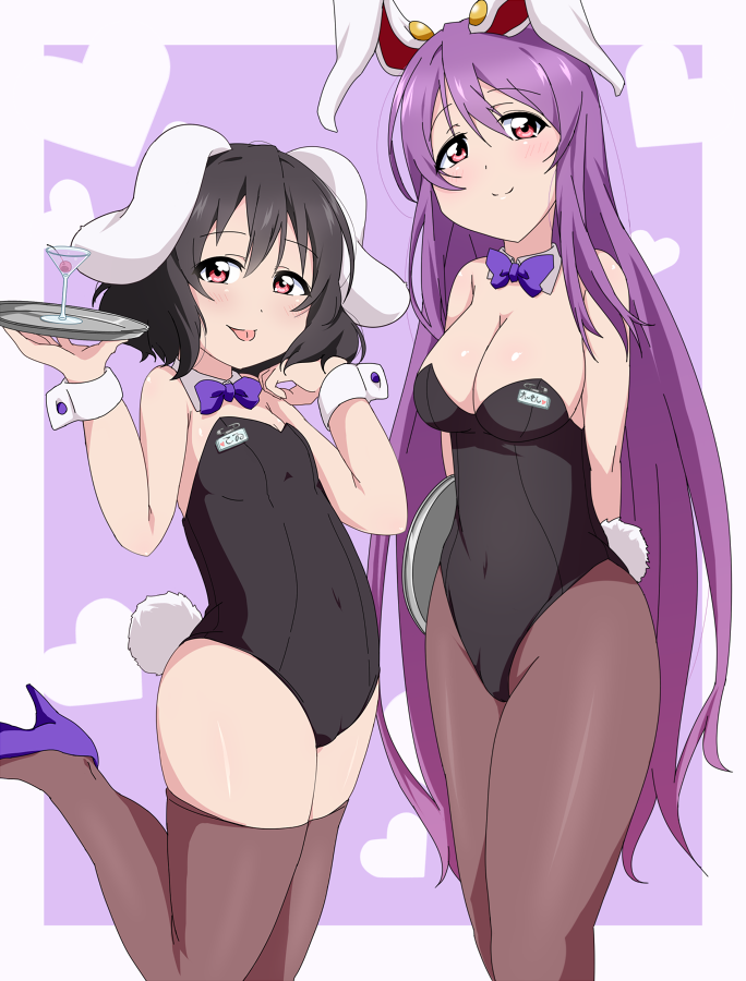 2girls :p alternate_costume animal_ears arms_behind_back bare_shoulders black_hair black_legwear blush bowtie breasts bunny_girl bunnysuit bwell cleavage covered_navel detached_collar flat_chest heart high_heels inaba_tewi large_breasts long_hair looking_at_viewer martini_glass multiple_girls pantyhose purple_hair rabbit_ears red_eyes reisen_udongein_inaba short_hair smile tail thigh-highs tongue tongue_out touhou tray