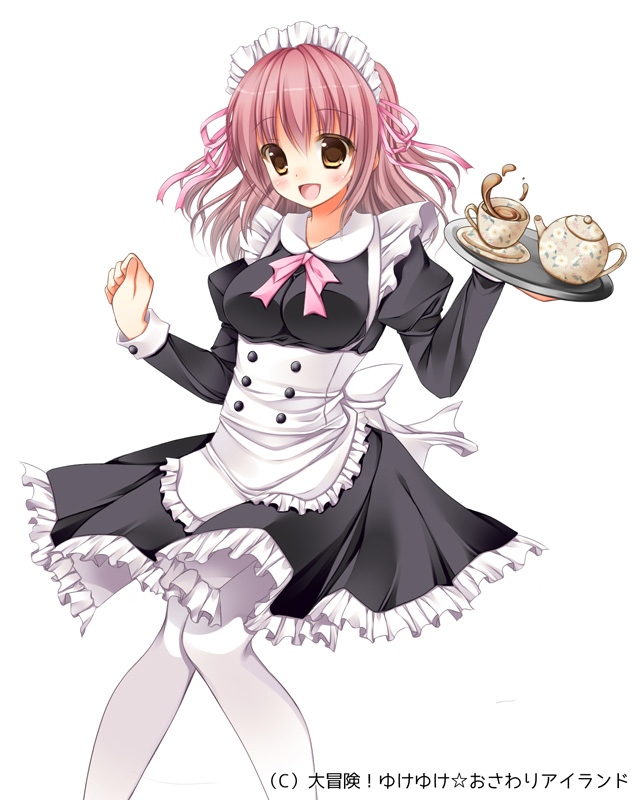 1girl :d ameya_kirika breasts brown_eyes carrying character_request copyright_request cup hair_ornament hair_ribbon maid maid_headdress official_art open_mouth pink_hair ribbon short_hair smile solo teacup teapot tray