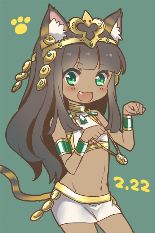 1girl :3 :d animal_ears armlet bangs bastet_(p&amp;d) black_hair blunt_bangs blush bracelet cat_ears cat_tail dark_skin dated earrings egyptian egyptian_clothes fang green_background green_eyes hair_ornament hoshino jewelry long_hair midriff mound_of_venus navel necklace open_mouth paw_pose paw_print puzzle_&amp;_dragons simple_background single_earring skirt smile solo tail tiara white_skirt