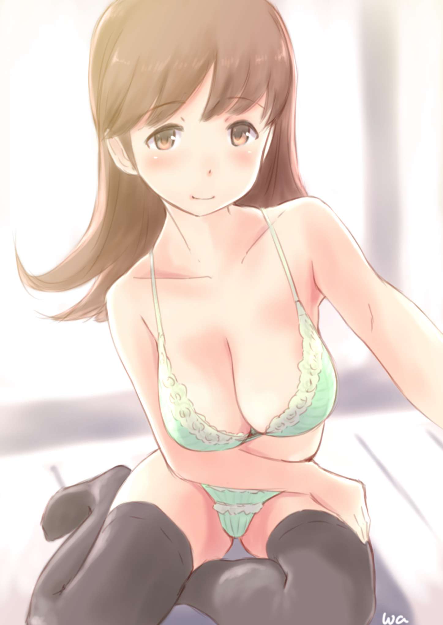 black_legwear blush bra breasts brown_eyes brown_hair cleavage green_bra green_panties highres kantai_collection large_breasts long_hair looking_at_viewer ooi_(kantai_collection) panties smile thigh-highs underwear underwear_only wa_(genryusui)