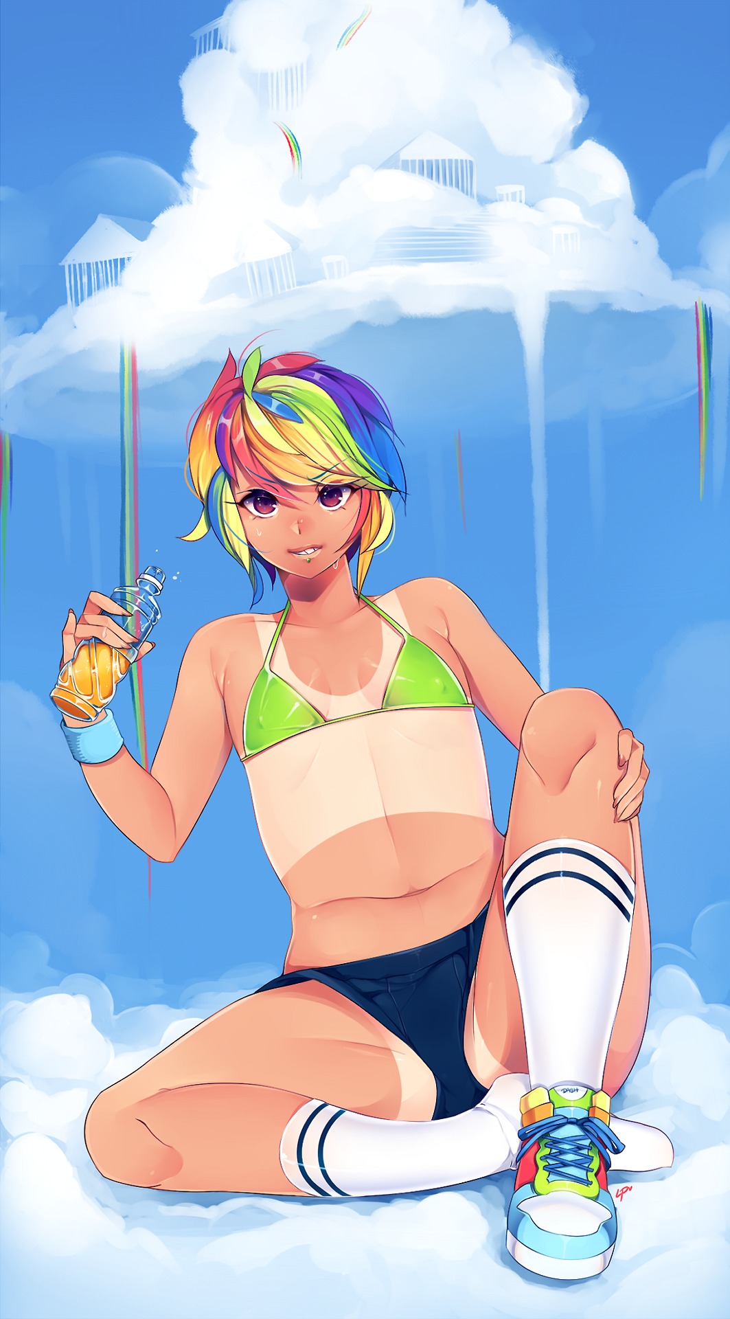 1girl bikini_top bottle clouds flat_chest highres loyproject my_little_pony my_little_pony_friendship_is_magic personification pink_eyes pinky_out rainbow_dash rainbow_hair shoes short_hair short_shorts shorts single_shoe sitting smile sneakers socks solo tan tanline wristband