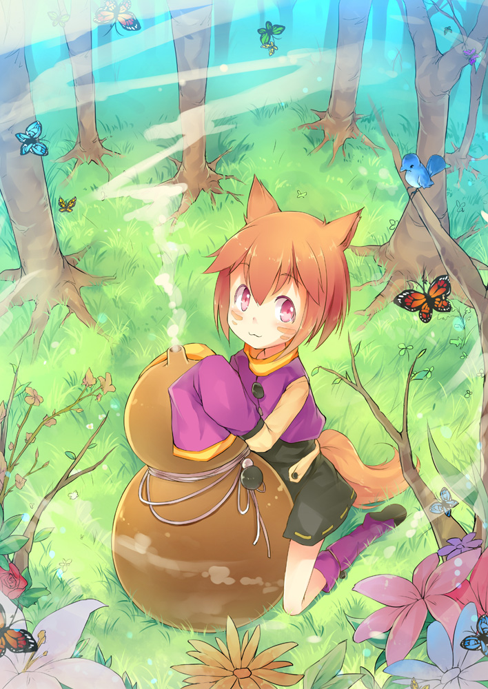 1girl :3 animal_ears bird brown_hair butterfly flower fox_ears fox_tail fred04142 gourd looking_at_viewer original red_eyes short_hair shorts sleeves_past_wrists smoke tagme tail tree
