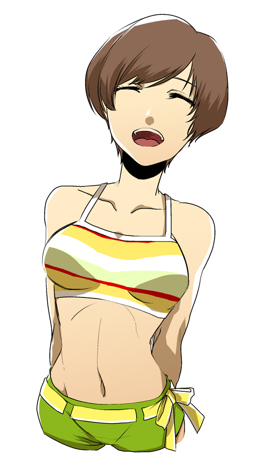 1girl 337 arms_behind_back brown_hair closed_eyes midriff navel open_mouth persona persona_4 ribbon satonaka_chie short_hair smile solo swimsuit white_background