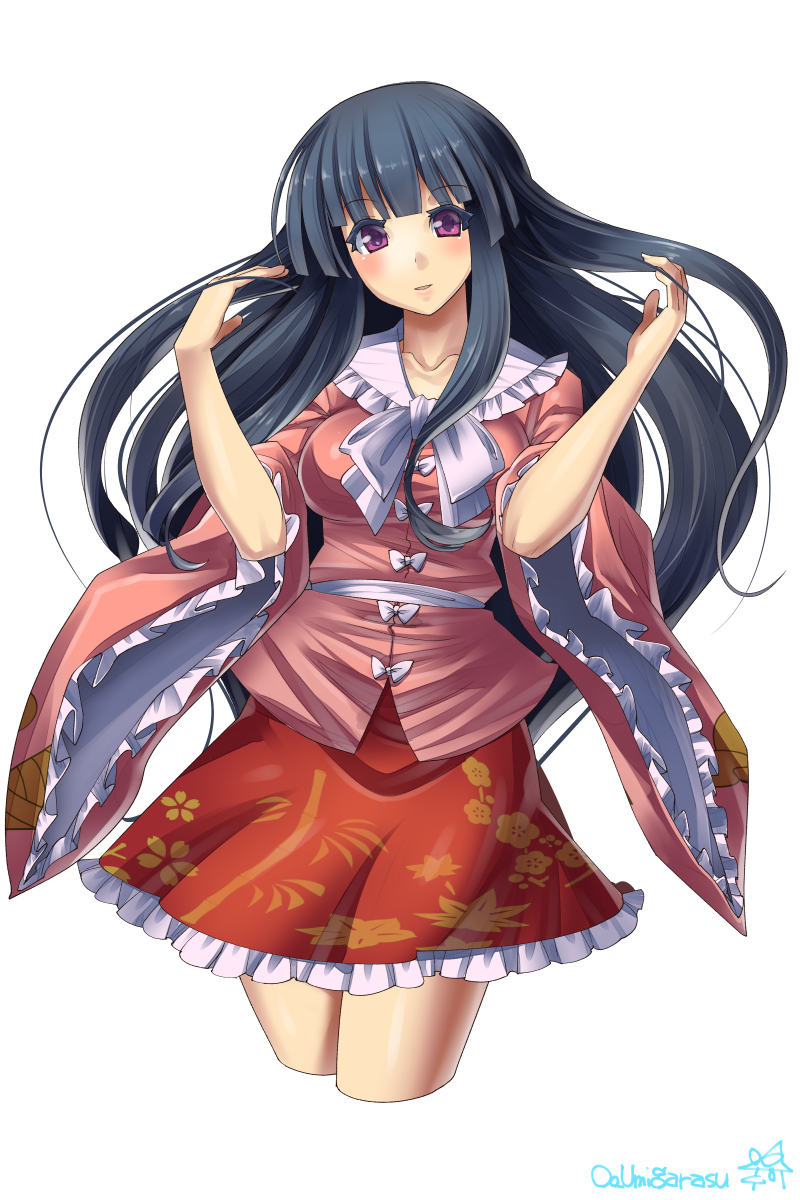 1girl black_hair floral_print hands_in_hair highres houraisan_kaguya long_hair long_sleeves sash shirt signature simple_background skirt solo touhou umigarasu_(kitsune1963) very_long_hair violet_eyes white_background wide_sleeves