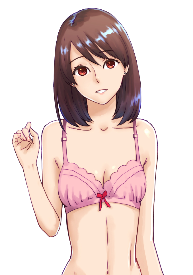 1girl bow_bra bra breasts brown_eyes brown_hair cleavage danchizuma_collection earrings jewelry kaburagi_yuki long_hair navel official_art original pink_bra simple_background solo underwear white_background