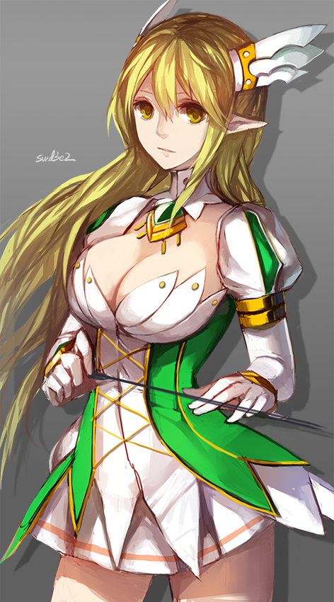 1girl arrow artist_name blonde_hair breasts cleavage detached_collar elf elsword gloves hair_ornament holding long_hair long_sleeves looking_at_viewer pleated_skirt pointy_ears puffy_long_sleeves puffy_sleeves rena_(elsword) simple_background skirt smile solo swd3e2 white_gloves wind yellow_eyes