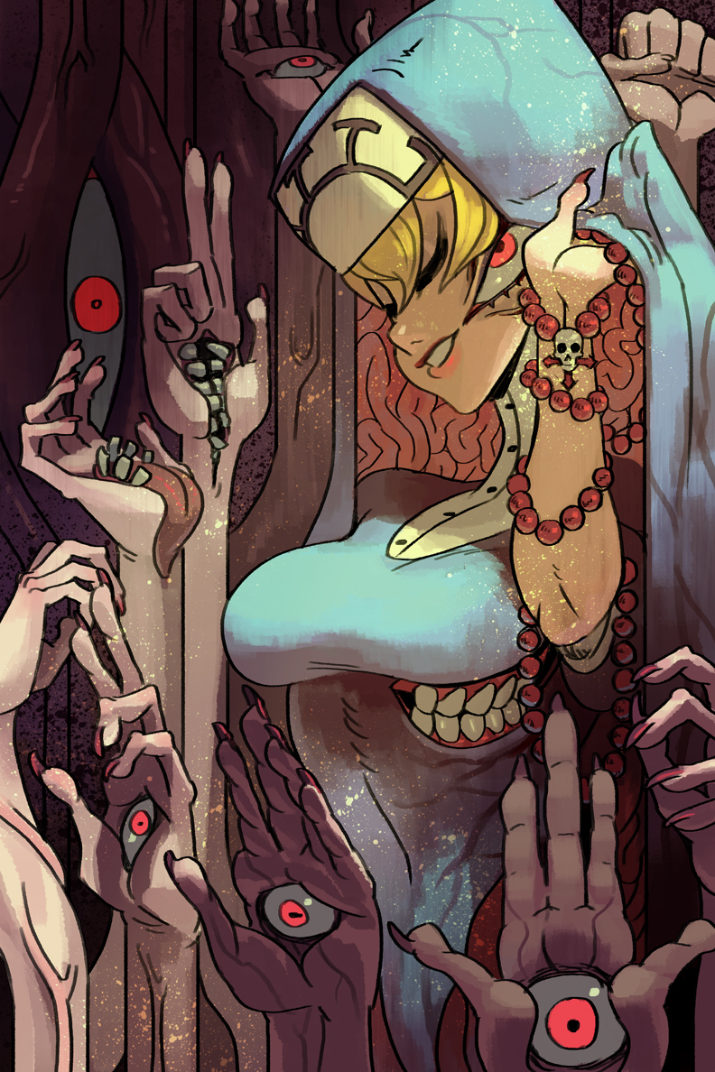 1girl alex_ahad beads blonde_hair breasts closed_eyes double_(skullgirls) extra_eyes hands monster multiple_hands nun rosary short_hair skullgirls solo