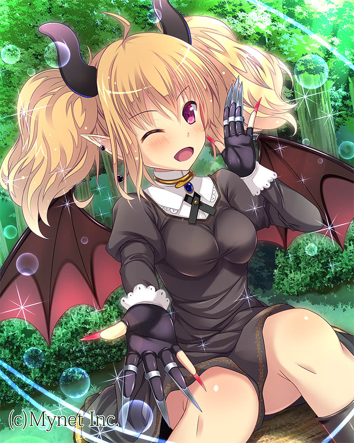 1girl angelmaster blonde_hair blush breasts bubble claws copyright_name demon_girl demon_horns demon_wings dress gloves horns kazumasa looking_at_viewer official_art one_eye_closed open_mouth pointy_ears smile solo twintails violet_eyes wings