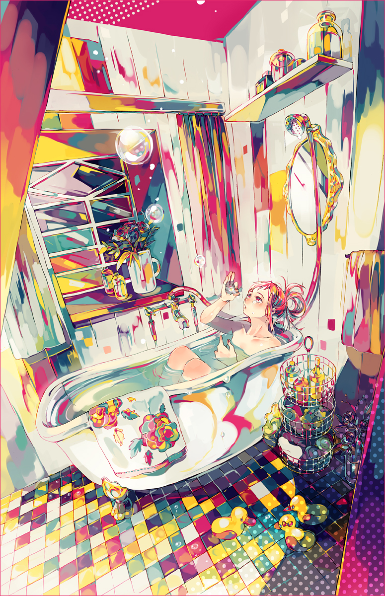 1girl bathroom bathtub colorful highres nude redhead rubber_duck soap_bubbles yuuichi_(bobobo)
