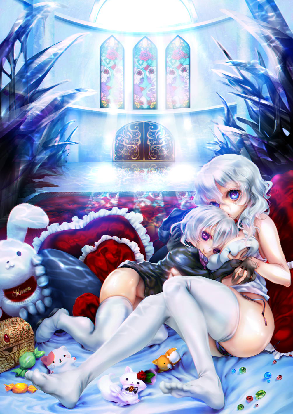 2girls blue_eyes breast_grab breast_pillow candy heart heart_pillow highres inuboe kantai_collection multiple_girls no_shoes panties pillow re-class_battleship scarf shinkaisei-kan short_hair silver_hair smile stuffed_animal stuffed_bunny stuffed_cat stuffed_toy tail thigh-highs treasure_chest underwater underwear untied_panties violet_eyes white_legwear wo-class_aircraft_carrier
