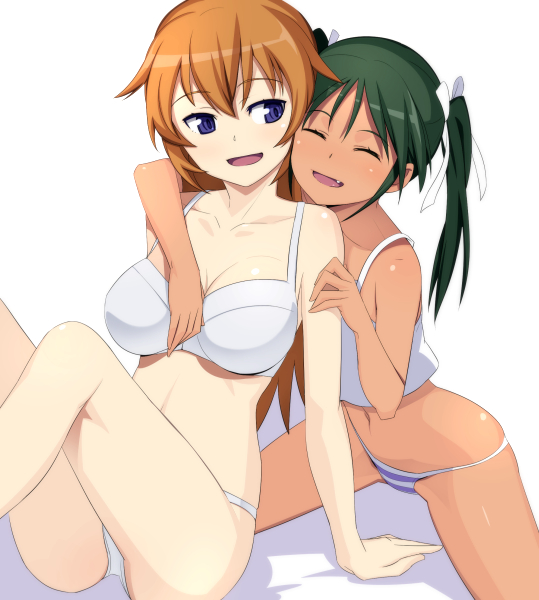 2girls arm_around_neck arm_support bra breasts brown_hair caryo charlotte_e_yeager cleavage fang francesca_lucchini green_hair hair_ribbon long_hair looking_back multiple_girls nanashino navel open_mouth panties ribbon shadow simple_background strike_witches striped striped_panties tan twintails underwear white_background white_bra white_panties