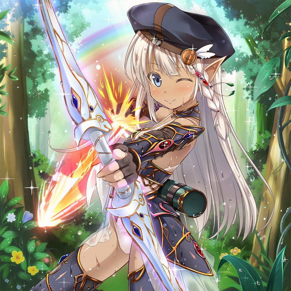 1girl arrow beret blue_eyes blush bow_(weapon) braid elbow_gloves fingerless_gloves fire flower forest glint gloves hat himedatsu!_dungeons_lord kazumasa leotard long_hair nature official_art one_eye_closed original petite platinum_blonde pointy_ears quiver rainbow single_braid smile solo tan water water_drop weapon wet