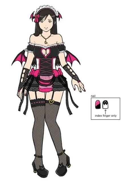 1girl alternate_costume artist_request bare_shoulders black_hair breasts cleavage cleavage_cutout corset dead_or_alive demon_girl demon_wings fishnet_gloves fishnet_legwear fishnets flat_color garter_straps gloves heart heart_necklace kokoro_(doa) long_hair low_wings mini_wings miniskirt pigeon-toed skirt solo standing thigh-highs wings