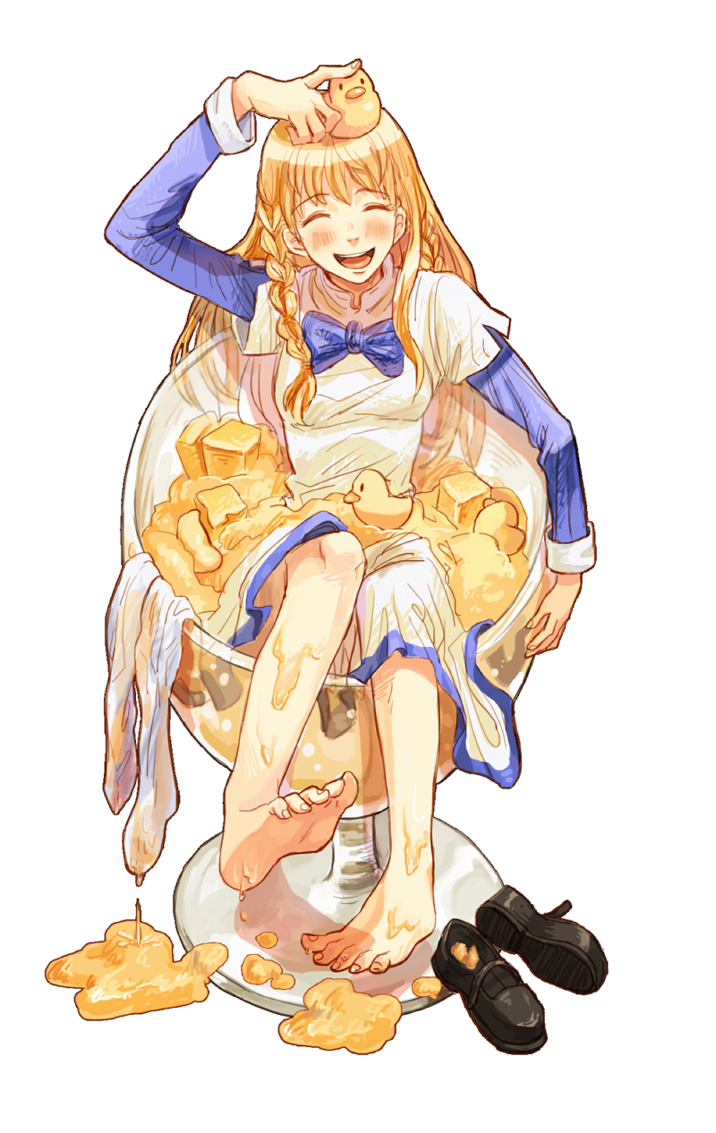 1girl ^_^ barefoot blonde_hair blush bowtie closed_eyes dress feet glass highres legs long_hair rubber_duck simple_background sitting smile solo tagme toes