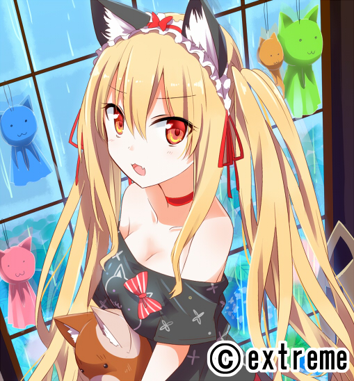 1girl bare_shoulders blonde_hair breasts carrying choker cleavage gochou_(atemonai_heya) hairband kamishiro_freya lolita_hairband long_hair looking_at_viewer momoiro_taisen_pairon object_hug open_mouth rain solo stuffed_toy teruterubouzu window yellow_eyes