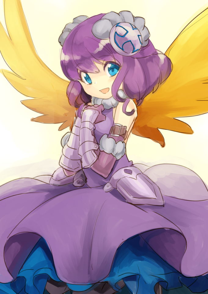 1girl :d armor armored_dress bare_shoulders belt black_legwear blue_eyes dress elbow_gloves fur_trim gloves hair_ornament hands_on_own_chest open_mouth pantyhose purple_dress purple_gloves purple_hair puzzle_&amp;_dragons short_hair skuld_(p&amp;d) sleeveless sleeveless_dress smile solo wings yamanashi_taiki